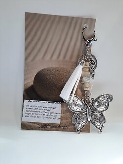 Sleutel/tas hanger vlinder met natuursteen witte Jade