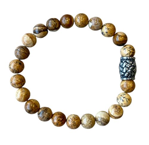 Heren armband gele Jaspis 8 mm met vlecht kraal