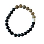 Heren armband zwarte Obsidiaan & gele Jaspis 8 mm met matzilverkleur kraal
