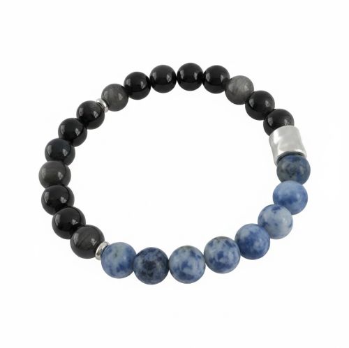 Heren armband zilver zwarte Obsidiaan & Sodaliet 8 mm met mat zilverkleur kraal