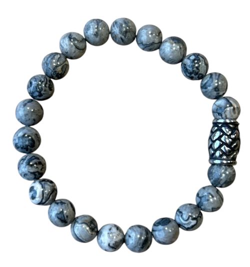 Heren armband 8 mm Picasso Jaspis grijs met vlecht kraal