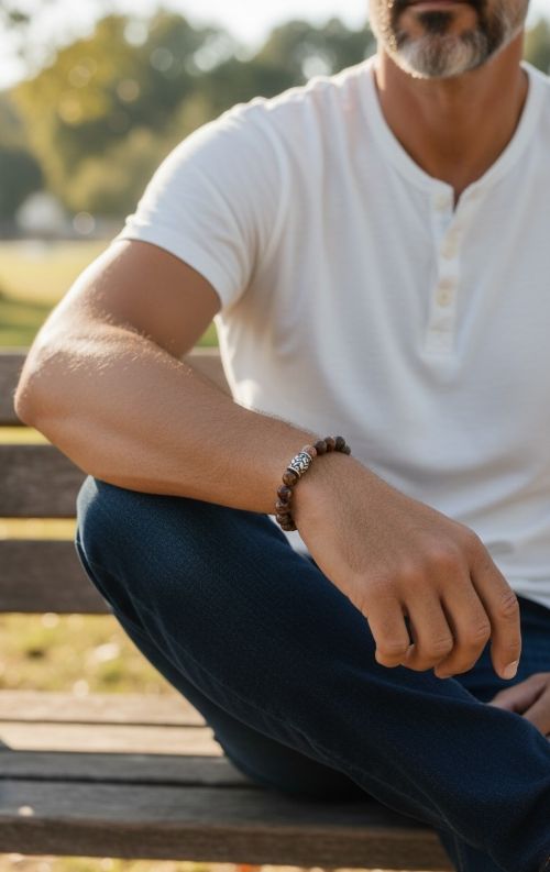 Heren armband Koffierode Picasso Jaspis met vlecht kraal