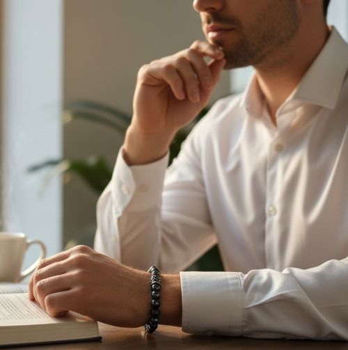Heren armband Pyriet en Hematiet met vlecht kraal