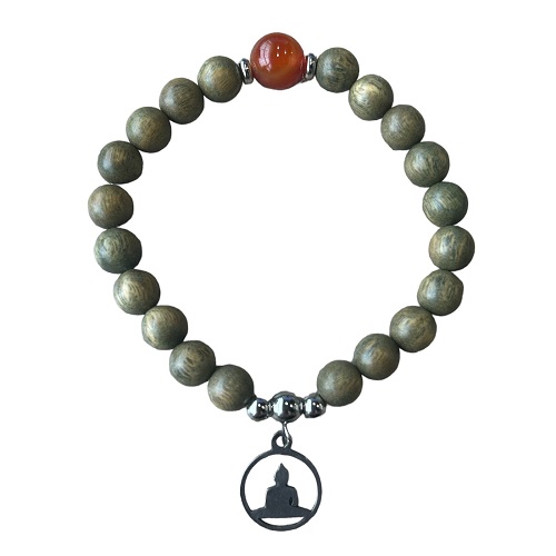 Dames armband Sandalwood en Agaat 8 mm met Boeddha bedel