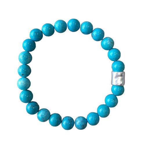 Heren armband 8 mm Turquoise met matzilverkleur kraal (21,5 cm lang)