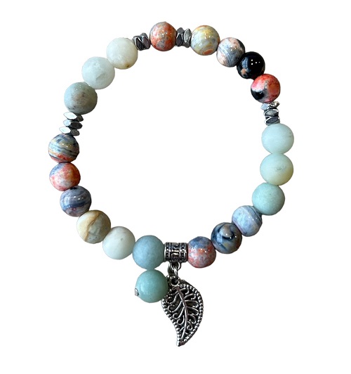 Dames armband Vuuragaat en Amazoniet 8 mm met blaadje
