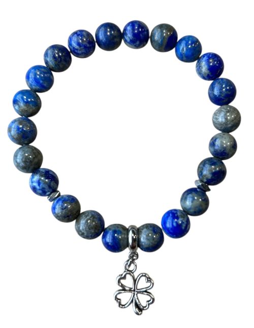 Dames armband Lapis Lazuli 8 mm met klaver bedel