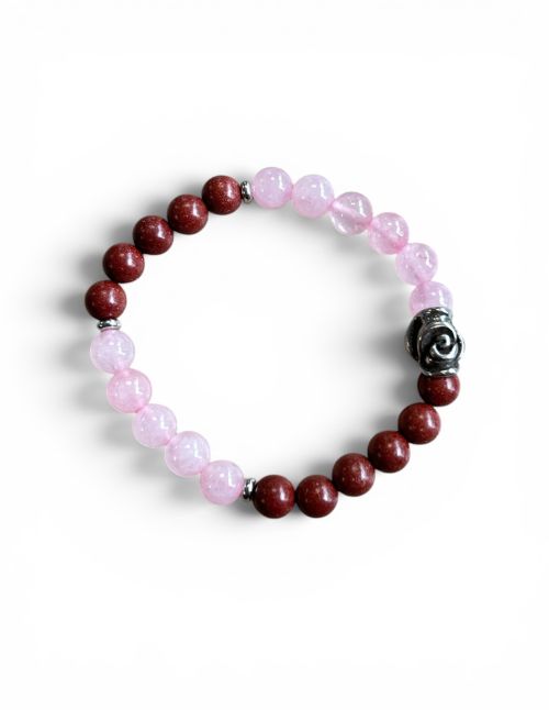 Damesarmband Rozenkwarts 8 mm en hibiscus geurkralen met RVS roos kraal.