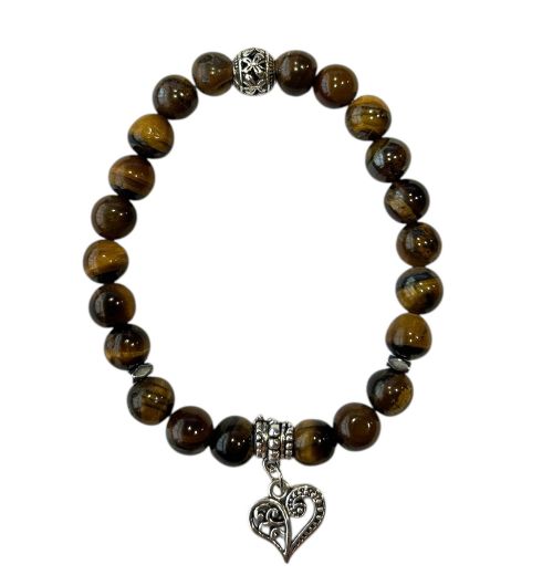 Dames armband Tijgeroog 8 mm met hart bedel