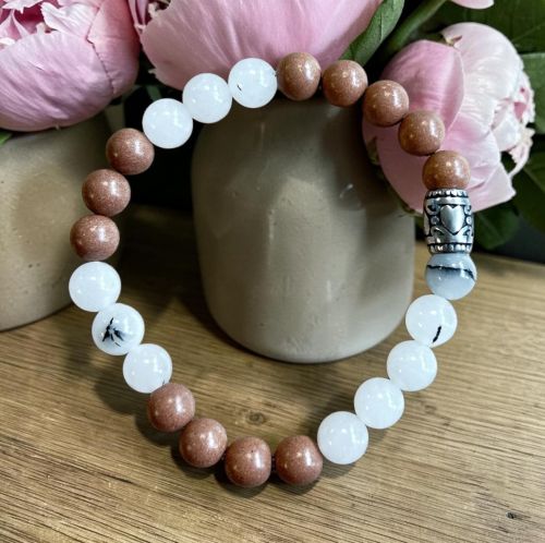 Damesarmband Agaat 8 mm en pioenroos geurkralen met RVS basic kraal.
