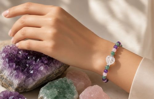 Damesarmband Rozenkwarts, Amethist en Aventurijn met hart van Bergkristal