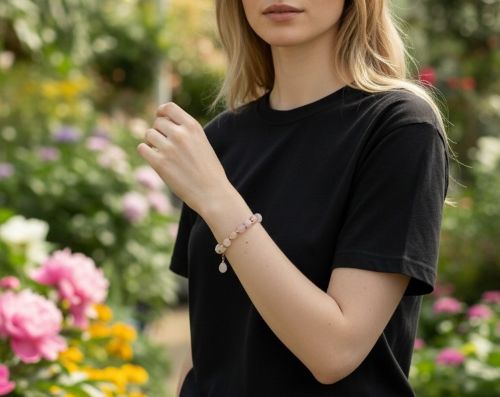Dames armband Rozenkwarts met goudkleurige RVS tussenkralen