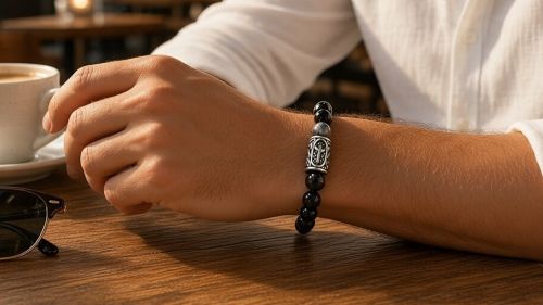 Heren armband 8 mm Algiz, Zwarte Obsidiaan en Sneeuwvlok Obsidiaan met Viking kraal