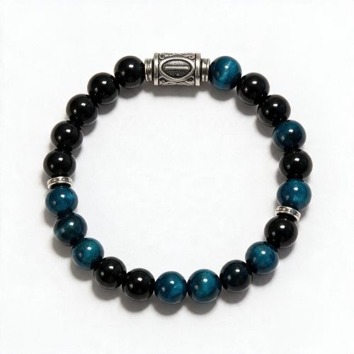 Heren armband 8 mm Isa, Blauwe tijgeroog en Onyx met Viking kraal