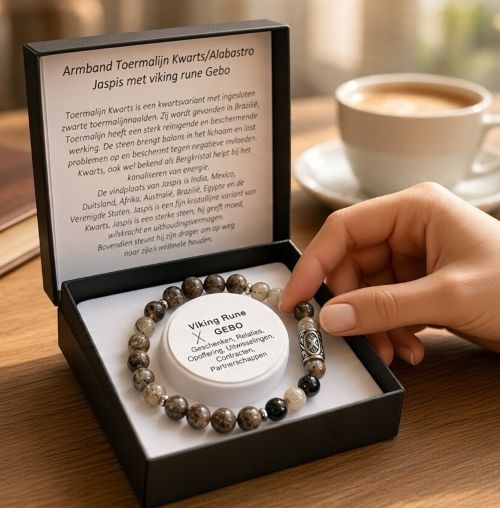 Heren armband 8 mm Toermalijn Kwarts en Alabastro Jaspis met Viking rune Gebo