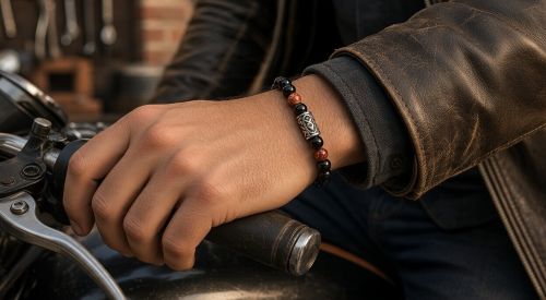 Heren armband 8 mm Othala, rode Koningsturquoise en Obsidiaan met Viking kraal