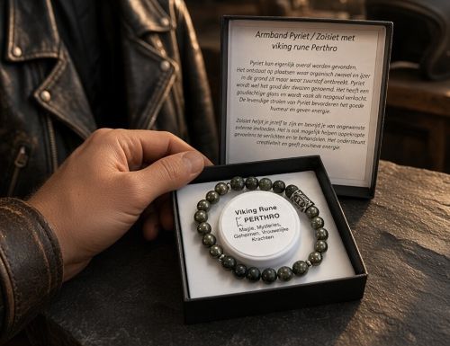 Heren armband 8 mm Perthro, Pyriet en Zoïsiet met Viking kraal
