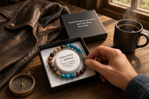 Heren armband 8 mm Sowilo, Koningsturquoise en Picasso Jaspis met Viking kraal